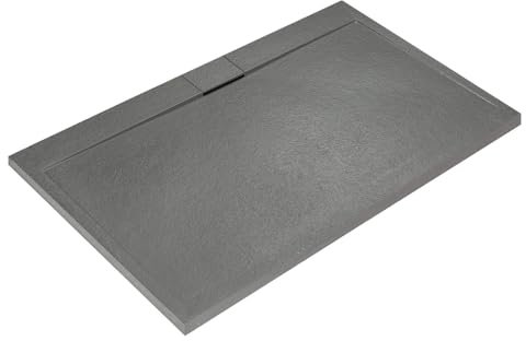 Plato de ducha gris cemento Line Dry de resina y polvo de mármol con rejilla lateral de mármol de 160 x 90 cm