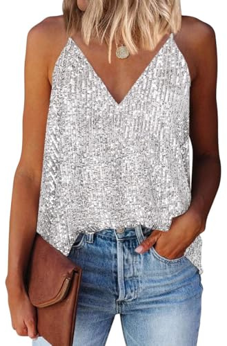 EUDOLAH Mujer Lentejuelas Top Cuello V Sin Mangas Verano Halter Chaleco Casual Suelto Moda Playa Fiesta(Blanco,XL)