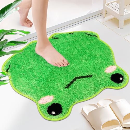 Yamepuia Frosch Badezimmerteppich,Badematte Grün,Niedlich rutschfest Waschbar Badteppich,Weich Absorbierende Frosch Badezimmer Teppiche 50 X 56 cm