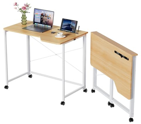 OXFENSEE Bureau Pliable 90x56x75cm, Table de Bureau avec Fente pour Carte, Ordinateur Mobile avec 4 roulettes, Pliable Petit Espace, Design Compact et Pratique,en Bois