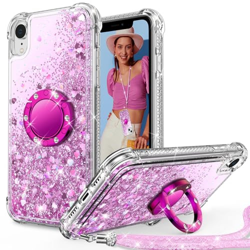 Unlicaku für iPhone XR Hülle mit Band, HandyHülle mit Ring Ständer, Luxus Frauen Mädchen Glitzer Flüssigkeit Stoßfeste Schutzhülle für iPhone XR Case, Rosa