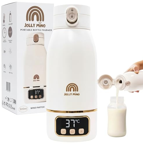 Jolly Mino Tragbarer Flaschenwärmer Baby Unterwegs 500 ml – Drahtloser Mobiler Flaschenwärmer – Für Muttermilch & Wasser – Wasserdicht, Edelstahl – Ideal für Nacht, Ausflüge, Auto & Flugzeug