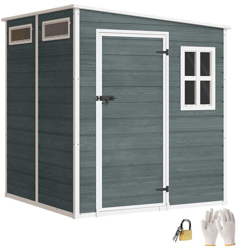 Outsunny Abri de Jardin en Résine 3,3㎡ avec Plancher - Cabanon de Stockage Structure Aluminium, 3 Fenêtres et 2 Aérations - Cabane à Outils 182x182x183cm pour Matériel Jardinage, Gris Effet Bois