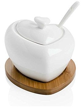 BRANDANI 54206 Sucrier avec cuillère en porcelaine blanche et support bambou