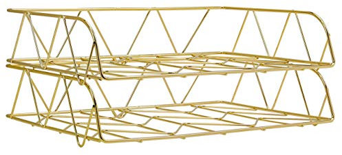 PAG 2 Packs Desktop File Organizer Metal Stackable Horizontal Letter Tray Paper Holder Rack, Gold
