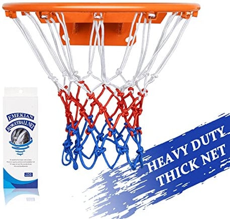 EMEKIAN Sport-Basketballnetz, Strapazierfähiges Ersatz-Basketballnetz für Allwetter drinnen/draußen, 12 Schlaufen für professionelle Standardgröße, Kugel Nadel 1 Stück (Rot Weiß Blau (1 Stück))