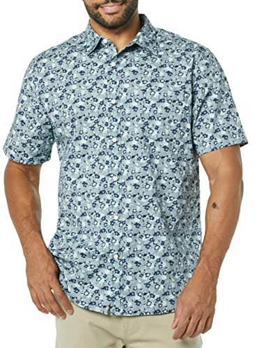 Amazon Essentials Men's Slim-Fit Short-Sleeve Poplin Shirt, Blue Floral, XL