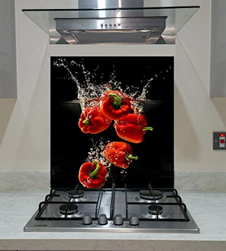 Splashback Toughened Glass Modern Unique Kitchen Red Peppers in Splash Water on Black Background Any Size (wide 90 x height 60/cm)