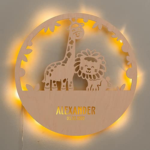 LAUBLUST Nachtlicht Kinderzimmer Personalisiert - Löwe & Giraffe - 30x0,4 cm - Natur - Wandlampe Holz - Baby Einschlafhilfe - Wandleuchte Kinderzimmer