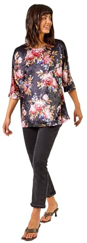 Roman Originals Floral Print Velvet Top for Women UK - Ladies Everyday Holiday Autumn Winter Pull-On V Neck Long Sleeves Comfy Soft Evening Vacation Work Party - Black - Size 12