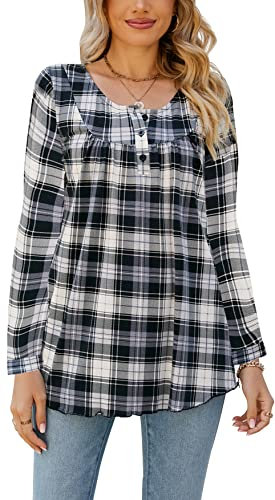Yukiuiny Chemisier Carreaux Femme Blouse Tunique Haute Ample Col Boutonnée Hauts T Shirt Col Rond V Chemise Casual Décontractée Classique Retro Ecossaise Top Noir Blanc*Manche Longue L