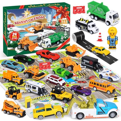 iZoeL Adventskalender Autos Junge 2024,Auto-Spielzeug-Adventskalender Kinder, 24 Fahrzeuge aus Legierung mit Spielkarte 2024 Weihnachtskalender Countdown 24 Tage
