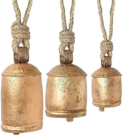 Firulab Campane Shabby Chic Rustiche in Metallo - Set di 3 Dorate Vintage Appese per Armonia, Portafortuna per Mucca, Natalizie, Decorative su Corda