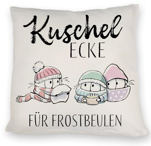 Frostbeule Kissen mit Spruch Kuschelecke für Frostbeulen Wärmendes kuscheliges Geschenk Schal-Design Cartoon-Motiv witzig für Geburtstag