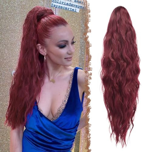 FESHFEN Lange Zopf Pferdeschwanz Haarextension mit kordelzug Lang Wellig Lockig Synthetik Haarverlängerung Natürliches Clip in Haarteil Ponytail Kunsthaar Haarzopf für Damen 65cm Burgund