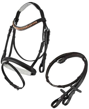 Brama West Reithalfter Merlin - englisch kombiniert - Ledertrense mit Antislip Zügel und Strasssteinen - Braun/Weiß, Gr. Minishetty