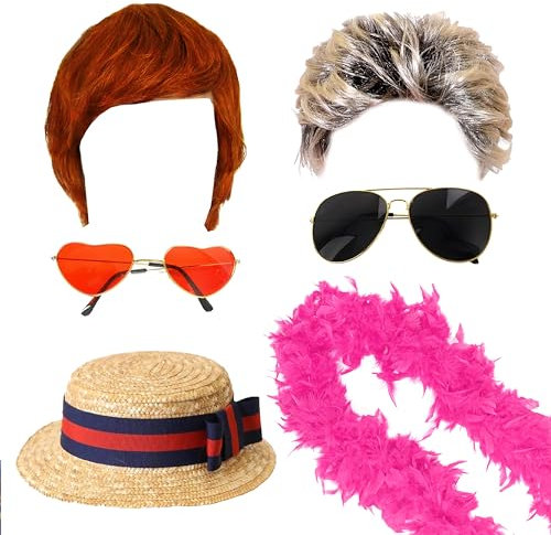 Ensemble d'accessoires duo chanteur des années 90 pour adultes – Chapeau bateau en paille, perruque gingembre, boa à plumes roses, lunettes en forme de cœur, perruque des années 80, lunettes de soleil