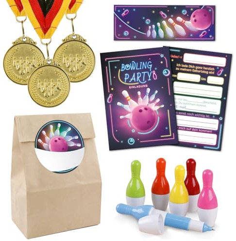 Ourdort Bowling Mitgebsel 36 Stück, Bowling Medaillen mit Dreifarbigem Nylonband, Einladungskarten Bowling, Bowling Druckkugelschreiber, Geschenktüten, Bowling Geburtstag Deko, Kegeln Geschenk