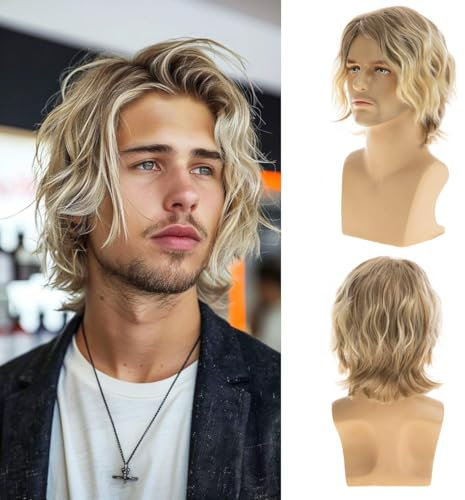 Mens Short Blonde Curly Fluffy Hair Wig - Synthetic Cosplay Replacement Wig for Male