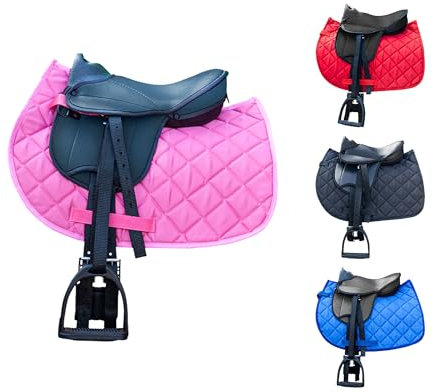 Brama West Kinder Shetty Sattel Set „My Little Pony“ | Sattel für Shetty Pony Holzpferd Plüschpferd | mit Satteldecke, Sattelgurt, Steigbügel & Steigbügelriemen | Zweifarbig Decke Blau/Sattel Schwarz