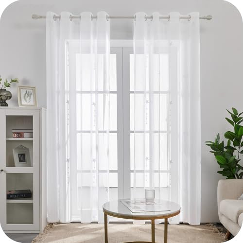 Deconovo Gardinen mit Ösen Gardinen Wohnzimmer Voile Vorhang Transparent Gardinenschal mit Muster, 245x140 cm, Weiß, 2er Set