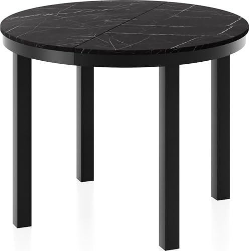 Runder Ausziehbarer Esstisch mit Schwarzem Metallgestell – Tisch mit Schwarzen Metallbeinen im Loft-Stil – Platzsparender Tisch für Wohnzimmer, Esszimmer oder Küche – Schwarzer Marmor – 100 bis 180 cm