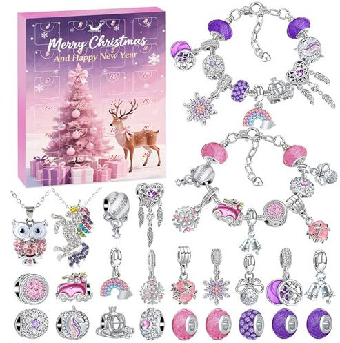 Adventskalender Schmuck 2025 Mädchen, Kinder Weihnachtskalender Schmuck DIY Set mit Charms Anhänger Halsketten Armbänder Weihnachten Geschenke für Mädchen 6 7 8 9 10 11 12 Jahre
