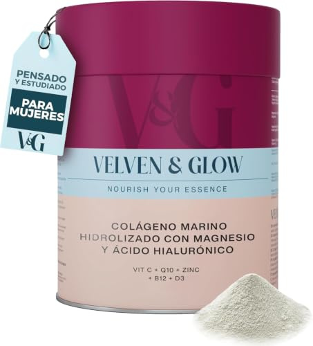 Colageno Marino Hidrolizado Peptidos Magnesio Acido Hialuronico Vitamina C | Con CoQ10, Zinc, Vit D3 y B12. Alta Absorcion y Sin Sabor. Apoyo Piel, Cabello, Uñas, Articulaciones 180g en Polvo. Velven