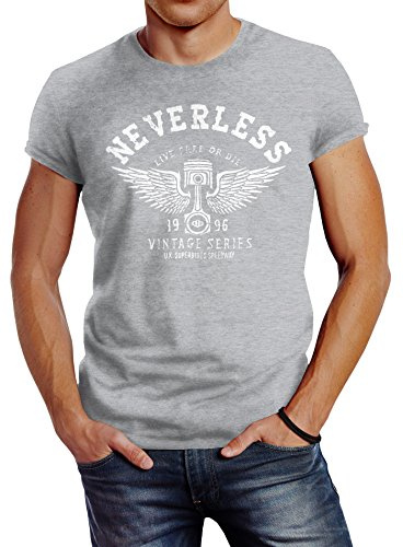 Neverless Herren T-Shirt Biker Motorrad Motorblock Engine Flügel Wings Slim Fit Grau 4XL