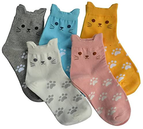 Jeasona 5 Pairs Cat Socks for Women 4-7, Cotton Gifts for Cat Lovers Birthday Gifts for Mum Her Girlfriend Christmas Gifts