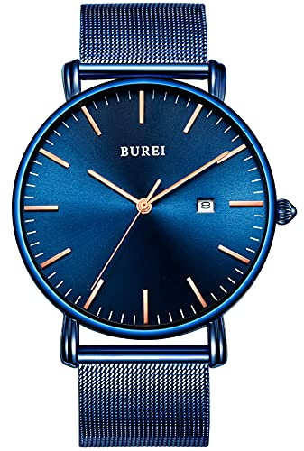 BUREI Minimalist Herrenuhr Classy Date Gents Armbanduhr mit einfachem Band, einfach, großes Zifferblatt aus Edelstahl