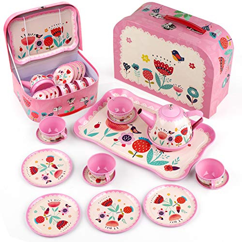 D-FantiX Tea Party Set for Little Girls, 15Pcs Pink Tin Tea Set for Toddler