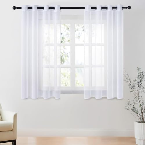 CUTEWIND Gardinen Kurz mit Ösen Vorhang Weiß Transparent 2er Set, 145 cm Lang, 140 cm Breit Fenster Gardine Ösenvorhang Gardienen Schals Durchsichtig für Küche Schlafzimmer Wohnzimmer