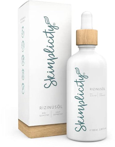 Skinplicity Rizinusöl kaltgepresst in Bio-Qualität für Wimpern, Bartöl, Augenbrauen, Haare, Nägel. Feuchtigkeits-Pflege für Haar, Gesicht & Haut