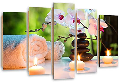 Feeby Panneau déco 5 pièces 200x100 cm Spa Zen Pierres, Déco Imprimé Tableau Moderne Tableau Photo Chambre à Coucher Bougies Welness Orchidée Oriental beige