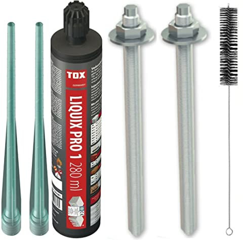 Schwerlastbefestigung SET M20x260mm VERZINKTER STAHL 5.8 - TOX Verbundmörtel Liquix Pro 1 + 2 Gewindestangen + Zylinderbürste/Klebeanker Ankerstangen