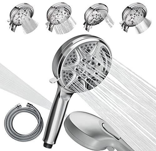 SparkPod 5 Inch 9 Spray Setting Shower Head - Handheld High Pressure Jet with On/Off Switch, Pause & Waterfall Setting- Premium ABS Removable Handheld Shower Head with Hose (6ft) (Polished Chrome)