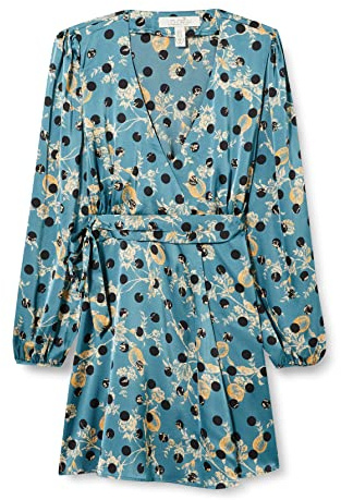 Liquorish Women's Gold Floral and Black Polka Dot Print Mini Wrap Dress with Long Sleeves in Petrol Blue Cocktail, Multicolour, 8