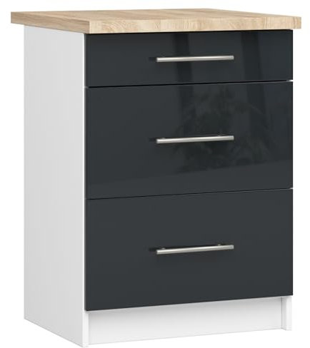 AKORD | Küchenschrank mit Arbeitsplatte - Oliwia S60 | Küchenunterschrank mit 3 Schubladen | Unterschrank Küche 60 cm Breit | ABS-Kante 18 mm | 46 x 60 x 85 cm | Weiß | Graphit glänzend