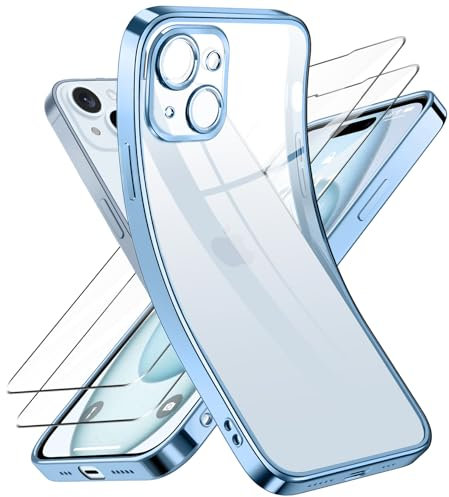 Qasyfanc Kameraschutzhülle Kompatibel für iPhone 15 Hülle mit 2 Stück Schutzfolie, iPhone 15 Case Vergilbungsfrei Dünne Weiche Silikon Handyhülle für Frauen Mädchen, Blau