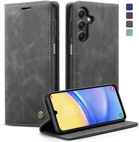 KZB für Samsung Galaxy A15 Hülle, Magnet Leder Klapphülle Stoßfest | Retro PU Leder, 2 Kartenfach, Standfunktion, Schutzhülle, Flip Case, Handyhülle für Galaxy A15 6,5'', Grau