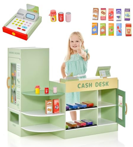 DREAMADE Kasse Kaufladen Kinder, Kaufmansladen Holz mit realistischer Kasse & Verkaufsautomat, Spiel-Supermarkt mit 15 Zubehör & Kreidetafel, Verkaufsstand Spielzeug Set für Kinder ab 3 Jahren (Grün)