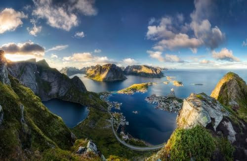 VLIES Fototapete-Gebirge-(6522Pr)-400x260 cm-Foto-Kunst Lofoten Reinebringen Norwegen Insel Berg-See Wald Fluss Alpen Nebel Dunst Abstrakt Herbst Wiese Blumen Textur Natur Landschaft