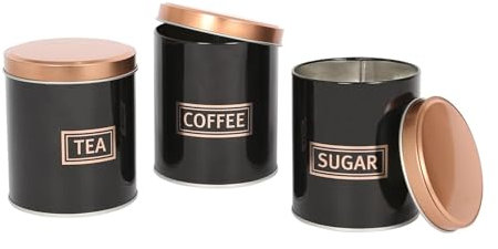 Harbour Housewares 3pc Round Metal Tea Coffee Sugar Canisters Set - Black/Copper - Kitchen Storage Tin Caddy Container Canister Jars with Lid
