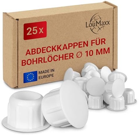 LouMaxx Abdeckkappen für Bohrlöcher Ø 10mm - 25er Set Blindstopfen Kunststoff in Weiß – Bohrloch Abdeckkappen Made in Europe – UV-beständige Abdeckstopfen 10mm