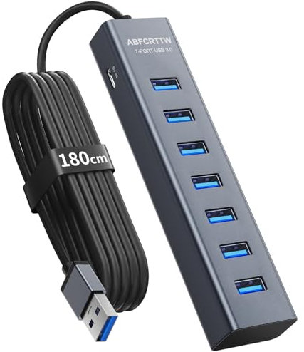 7-Port USB Hub 3.0 mit 180cm Kabel für Desktop, Aluminium USB Hub 5Gbps USB Verteiler Multiport Adapter Splitter mit 5V 3A Type-C Port für PC, Laptop, MacBook, U-Disk, Maus