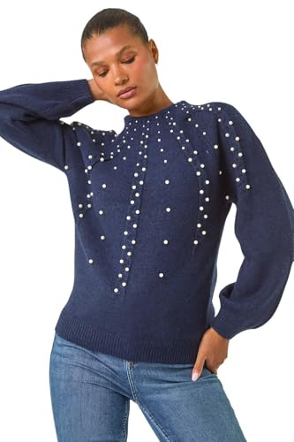 Roman Originals Pearl Embellished Cable Knit Jumper for Women UK - Ladies Everyday Autumn Winter Round Neckline Comfy Soft Evening Vacation Work Party Night Out
