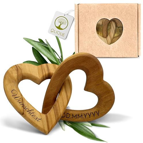 OLIQUE Cuori in legno personalizzati, legno d'ulivo - Cuori collegati con incisione come regalo personalizzato (8 cm)