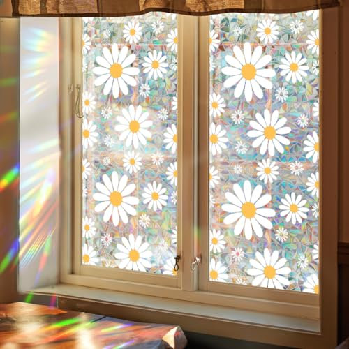 GORGECRAFT 100x43cm Regenbogen Sichtschutzfolie Für Fenster Gänseblümchen 3D Statische Blumen Glas Haftfolie Kunststoff Nicht Klebend Wiederverwendbar Buntglas Prisma Fensteraufkleber Sonnenschutz Gla