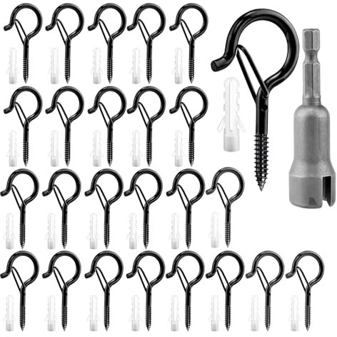 Pinrolla 41 PCS Screw in Hooks Kit Black Q Hanger Hooks for Outdoor String Light Ceiling Hooks with Safety Buckle Eye Screws for Hanging Lights Plants Cups Utensils